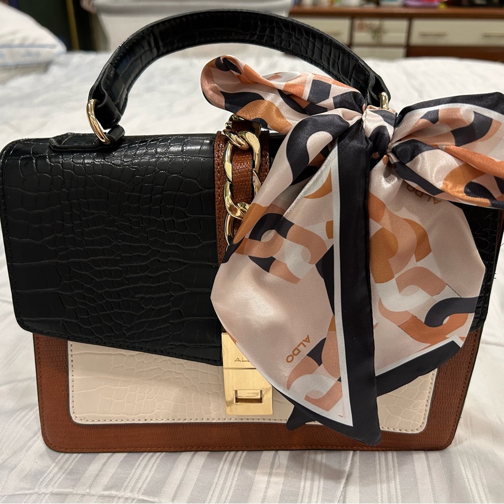 ALDO Black, Cream, and Brown Satchel with Patterned Scarf